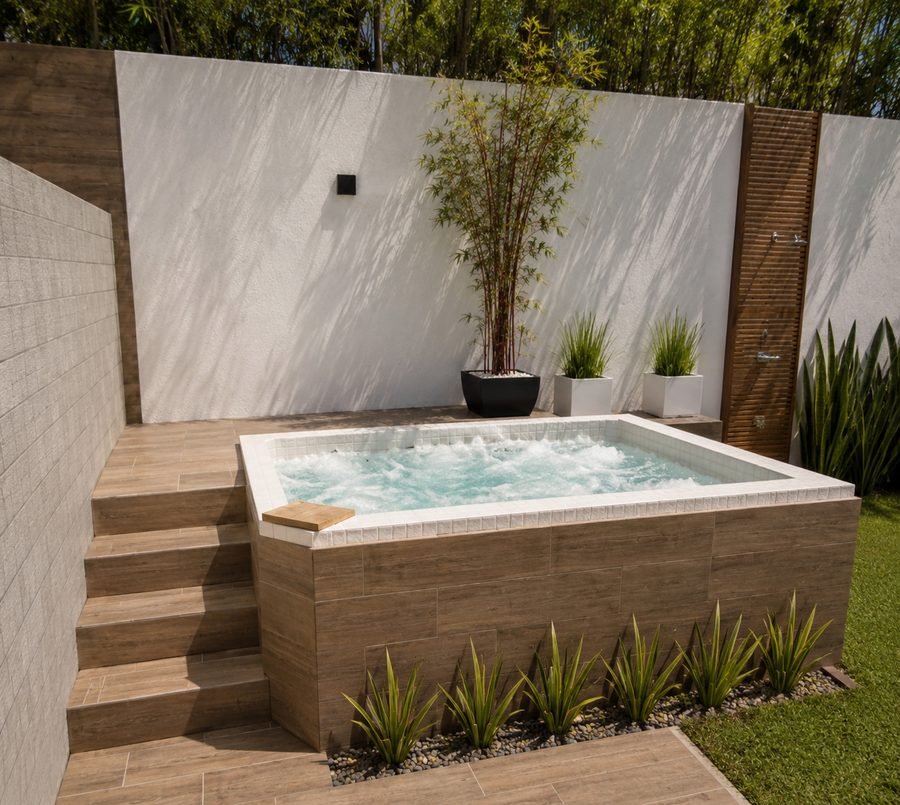 Jacuzzi exterior con recubrimiento de madera y muro blanco